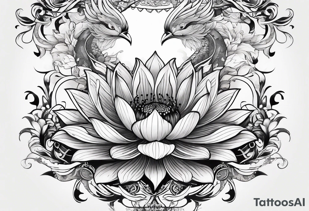 one tattoo that combines lotus flower, phoenix and helix tattoo idea
