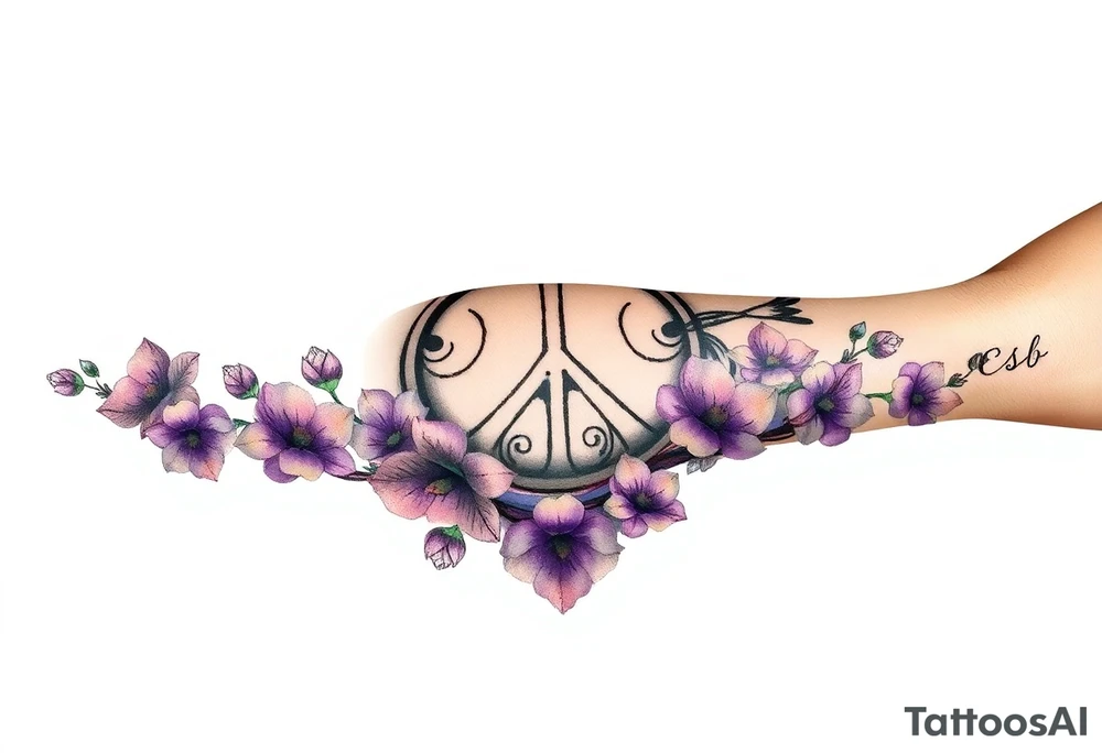 peace symbol, dog prints, Pisces symbol, intertwined with violets, amethyst, initials csb in cursive font tattoo idea