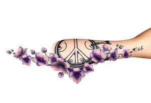 peace symbol, dog prints, Pisces symbol, intertwined with violets, amethyst, initials csb in cursive font tattoo idea