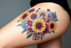 Bouquet of sunflowers, water Lillies, dahlias, marigolds, carnations, hydrangeas, daisys, and chrysanthemums tattoo idea