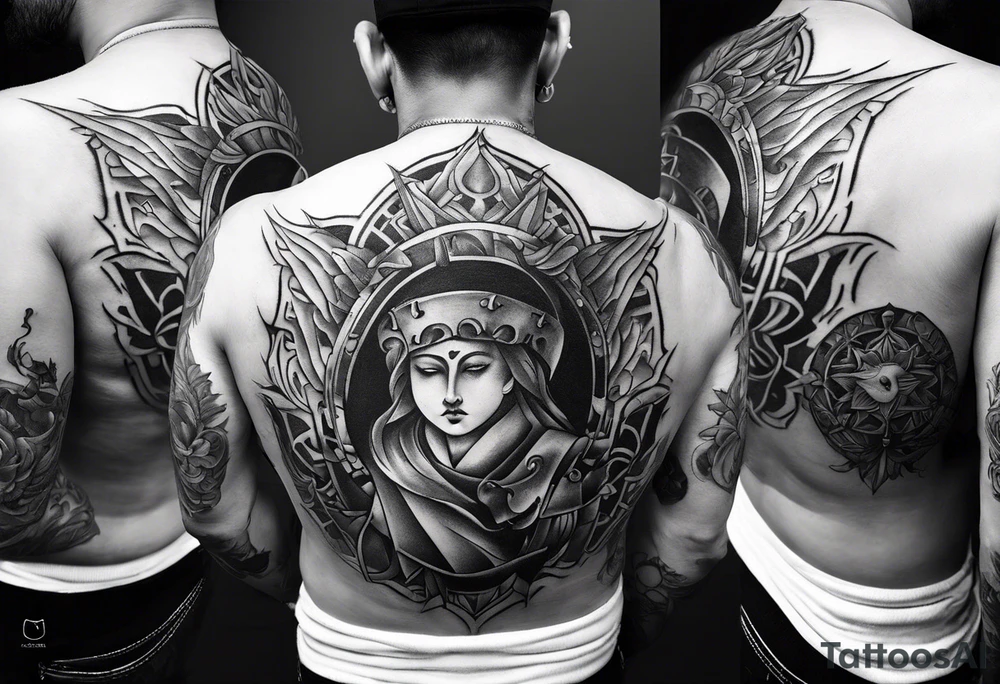 An aesthetic tattoo that is placed on the upper back of a male. It should represent catholic religion, discipline, pain and the love to animals. tattoo idea