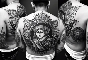 An aesthetic tattoo that is placed on the upper back of a male. It should represent catholic religion, discipline, pain and the love to animals. tattoo idea