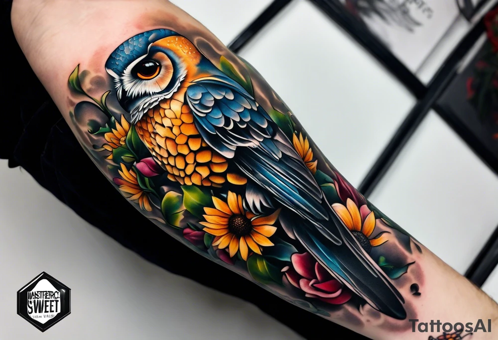 A lower forearm sleeve full colour coming down from a bicep with flowers joined with honeycombs, Mandela flowers, sunflowers, humming bird, and owl.  Sweet pea and honey suckle flowers. tattoo idea