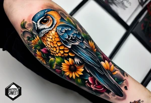 A lower forearm sleeve full colour coming down from a bicep with flowers joined with honeycombs, Mandela flowers, sunflowers, humming bird, and owl.  Sweet pea and honey suckle flowers. tattoo idea