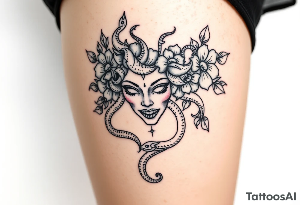 Medusa head flowers snakes tattoo idea