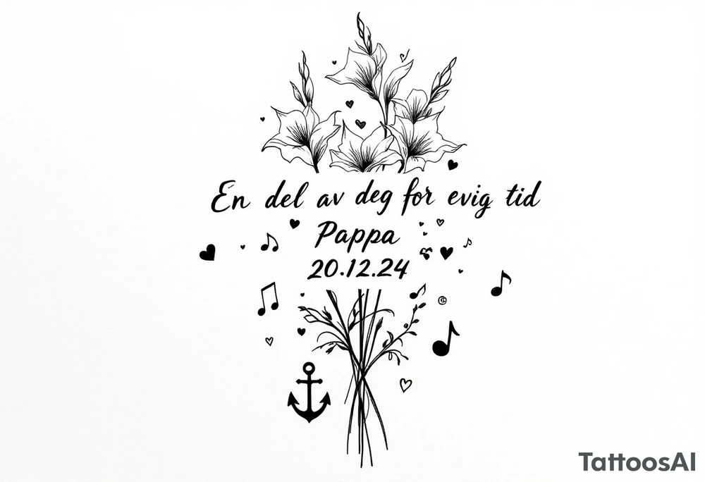 «En del av deg for evig tid
Pappa 20.12.24» Surrounded by long gladiolus, hearts, notes and an anchor tattoo idea