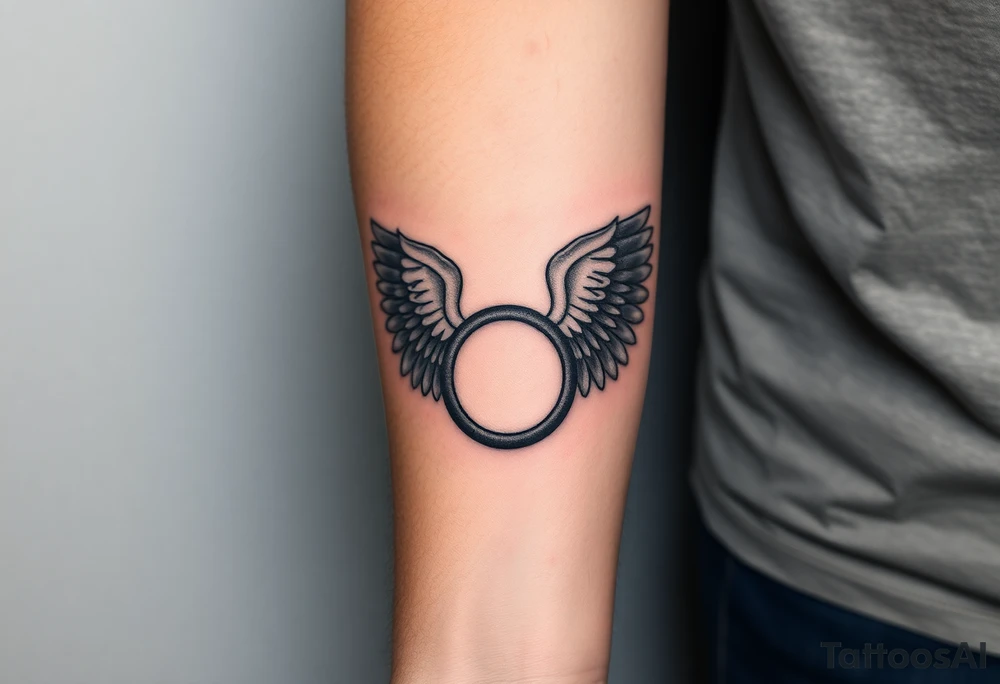 “Wing that shows struggle without glorifying ‘brokenness’—more mended/covered/cared for. Clean blackwork, gentle shading, small scripture reference optional, autism-affirming infinity loop (not puzzle piece tattoo idea