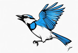 Strong blue jay bird in flight downwards tattoo idea