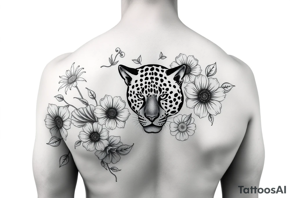 Arm sleeve with a variety of flowers and leopard filler tattoo idea