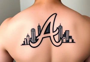 Atlanta Braves letter logo “A” overlapping a 3D Atlanta skyline behind the logo tattoo idea