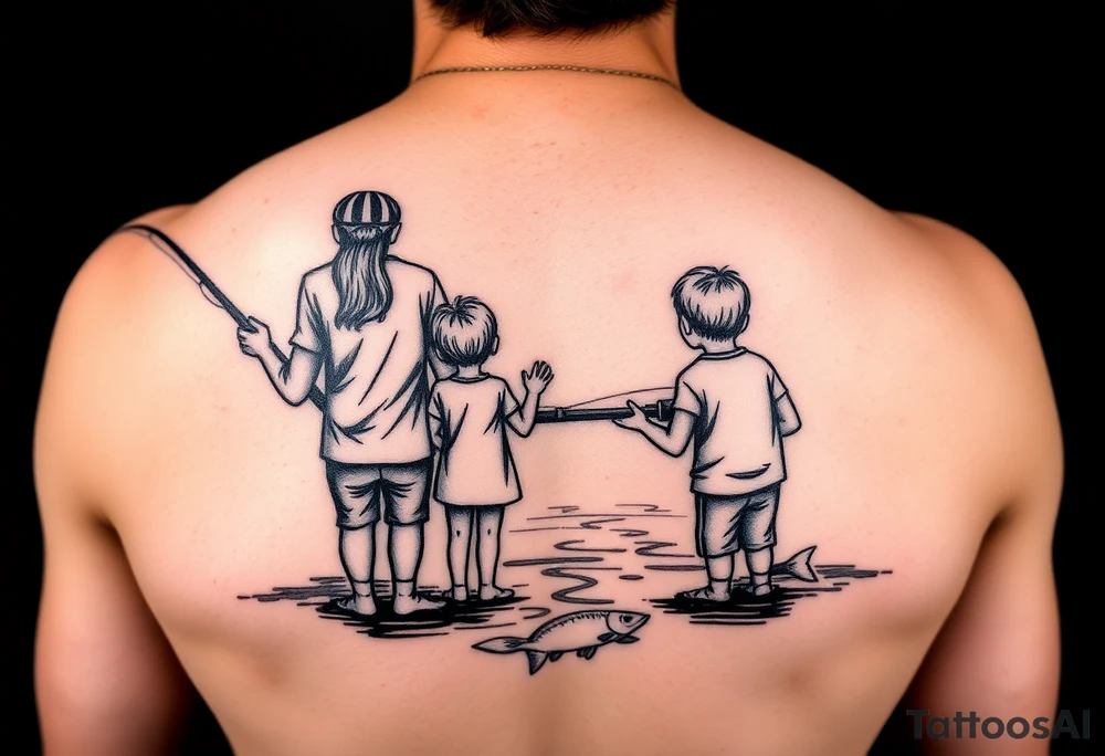 Dad fishing with 3 kids 
1girl and 2 sons
With lake tattoo idea