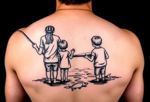 Dad fishing with 3 kids 
1girl and 2 sons
With lake tattoo idea