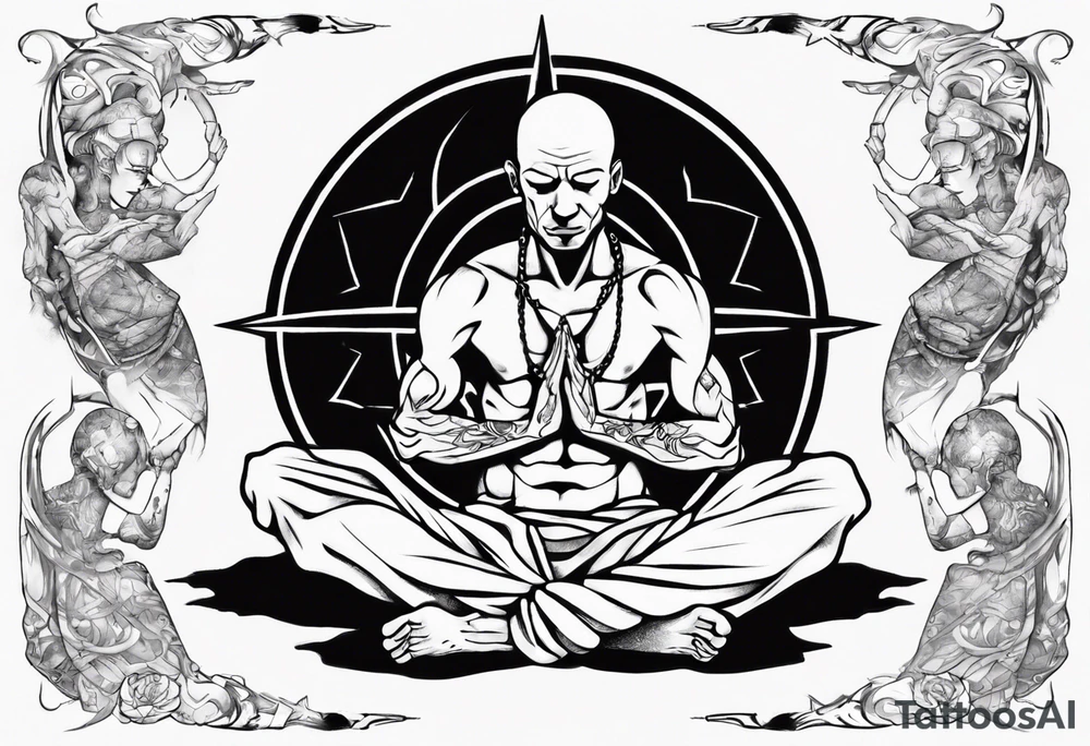 Peaceful warrior kneeling down with the world resting on his hand above his head and shoulders. tattoo idea