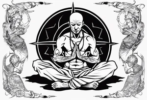 Peaceful warrior kneeling down with the world resting on his hand above his head and shoulders. tattoo idea