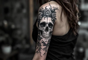 ornate skull adorned with crown of wild roses and thorns tattoo idea