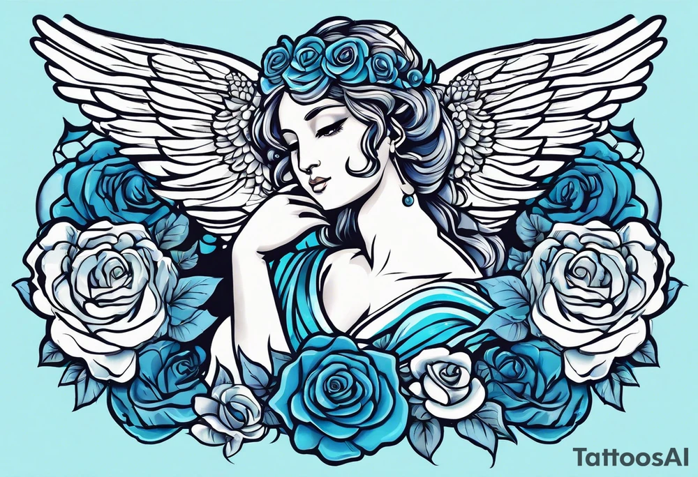 Cupio fly boy wings and a bow,, bacground sea ancient rome gods , blue roses frames tattoo idea