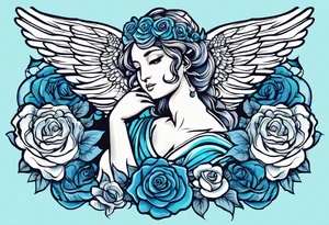 Cupio fly boy wings and a bow,, bacground sea ancient rome gods , blue roses frames tattoo idea