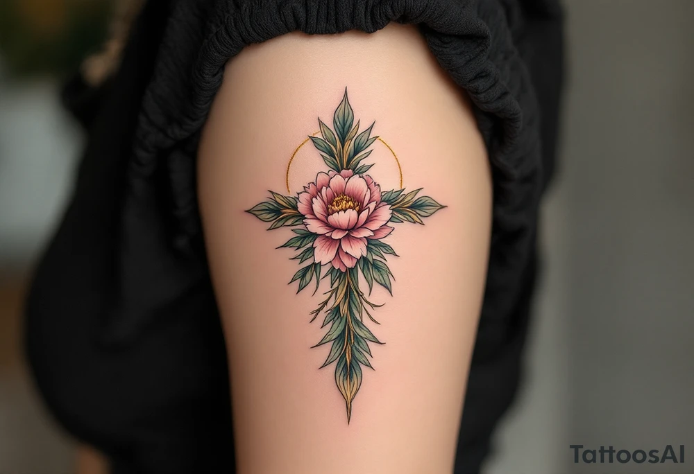 Lada's Symbol — A symmetrical floral cross in soft rose pink and leafy green, resembling a blooming peony, surrounded by a golden halo of light accompanied by Lada the goddess. tattoo idea