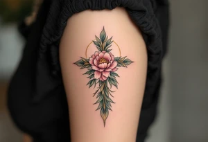 Lada's Symbol — A symmetrical floral cross in soft rose pink and leafy green, resembling a blooming peony, surrounded by a golden halo of light accompanied by Lada the goddess. tattoo idea