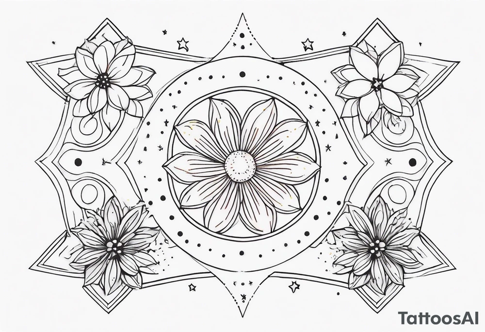 fine line with stars, floral, dots. Sternum tattoo tattoo idea
