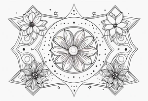 fine line with stars, floral, dots. Sternum tattoo tattoo idea