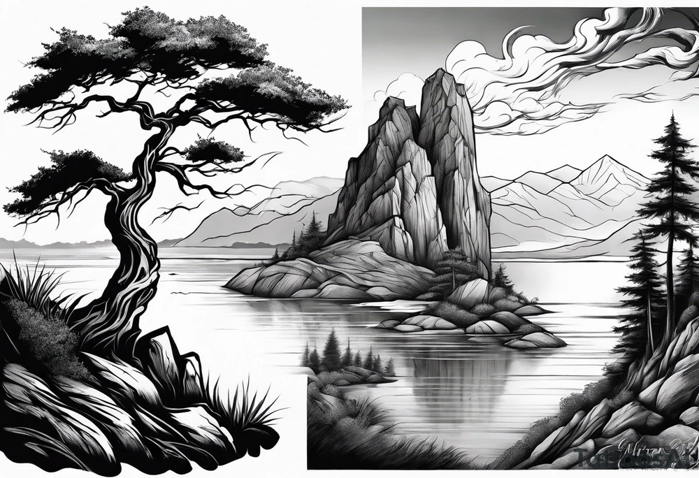 sleeve tattoo wind swept tree before lake with rock face on other side of ridge. tattoo idea