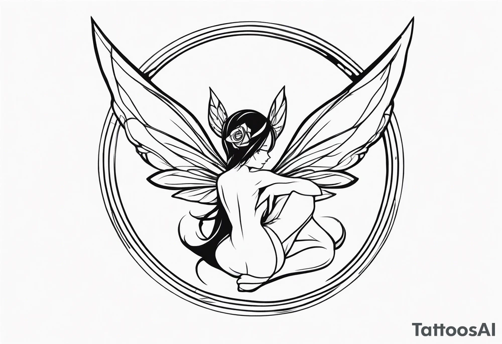 No color sketch of a fairy with a tail inspired by the guild symbol in the anime show called Fairy Tail in a fetal position leaning in and forward while crawled in hugging herself floating with hands a bit forward tattoo idea