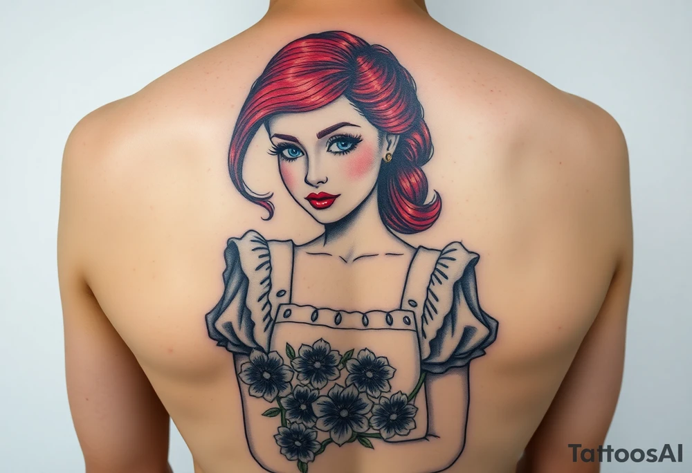 Old school Traditional pin up girl with red hair and blue eyes and wearing a milkmaid maid style dress with blue flowers tattoo idea