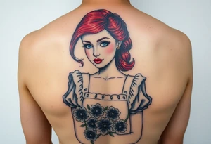 Old school Traditional pin up girl with red hair and blue eyes and wearing a milkmaid maid style dress with blue flowers tattoo idea