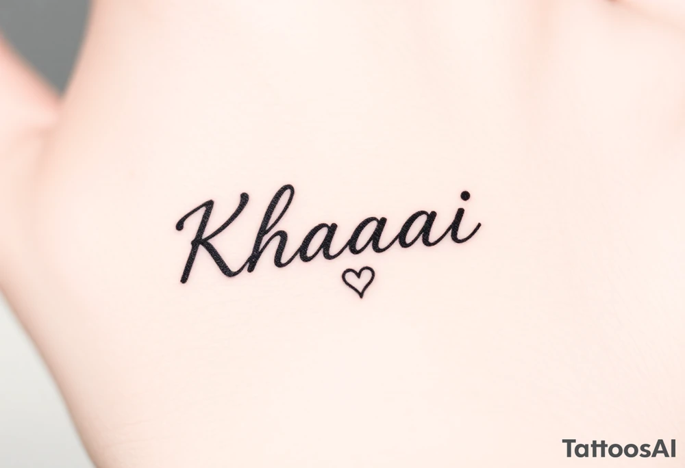 The name Khaài in a slim but bold cursive font w a small heart at the end of the name tattoo idea