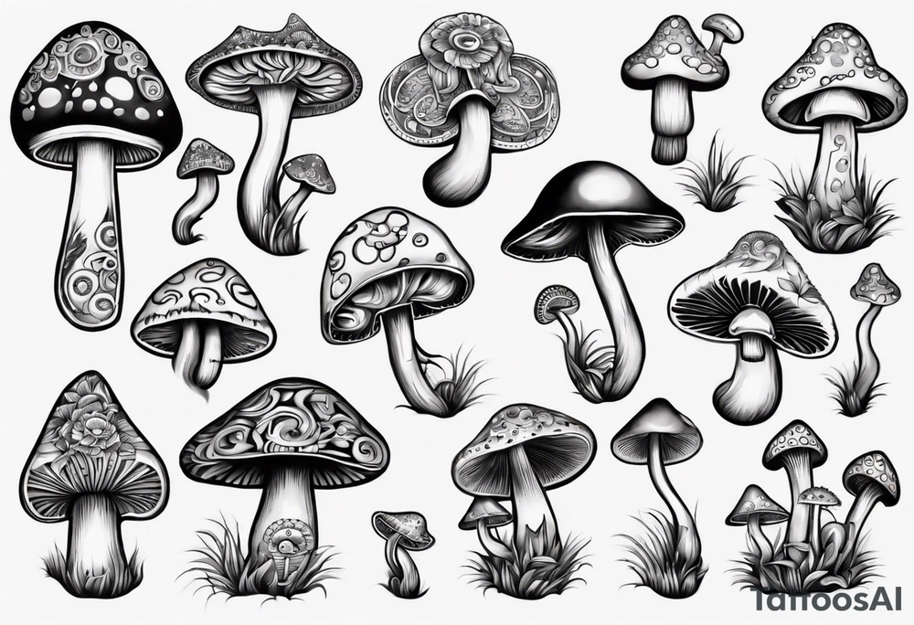 mushrooms out of book, psychedelic, mandala tattoo idea