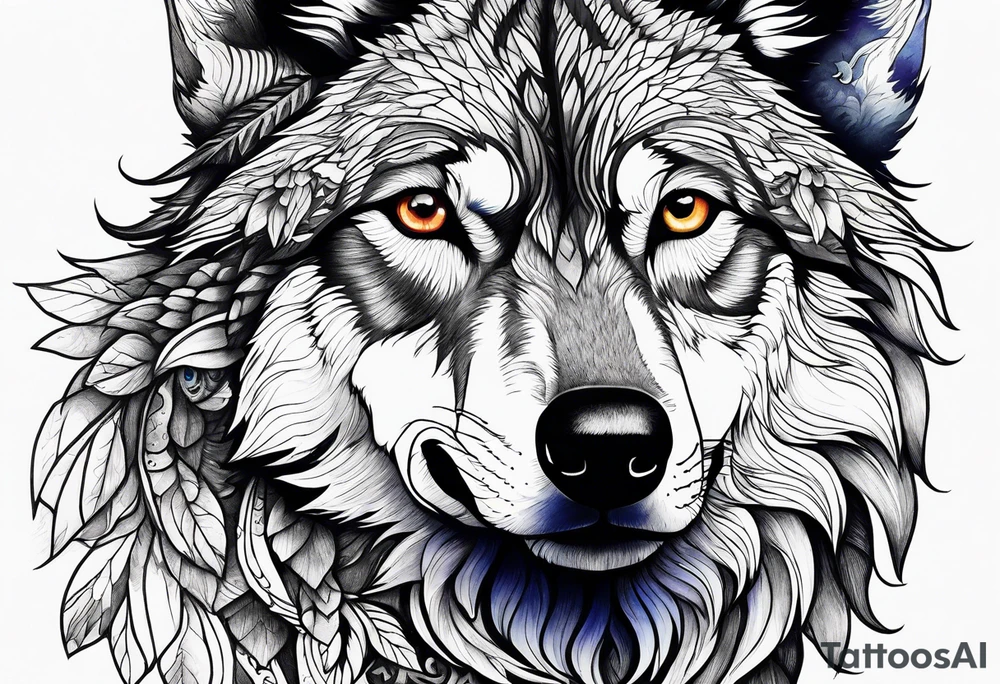 a colorful wolf with a Raven tattoo idea