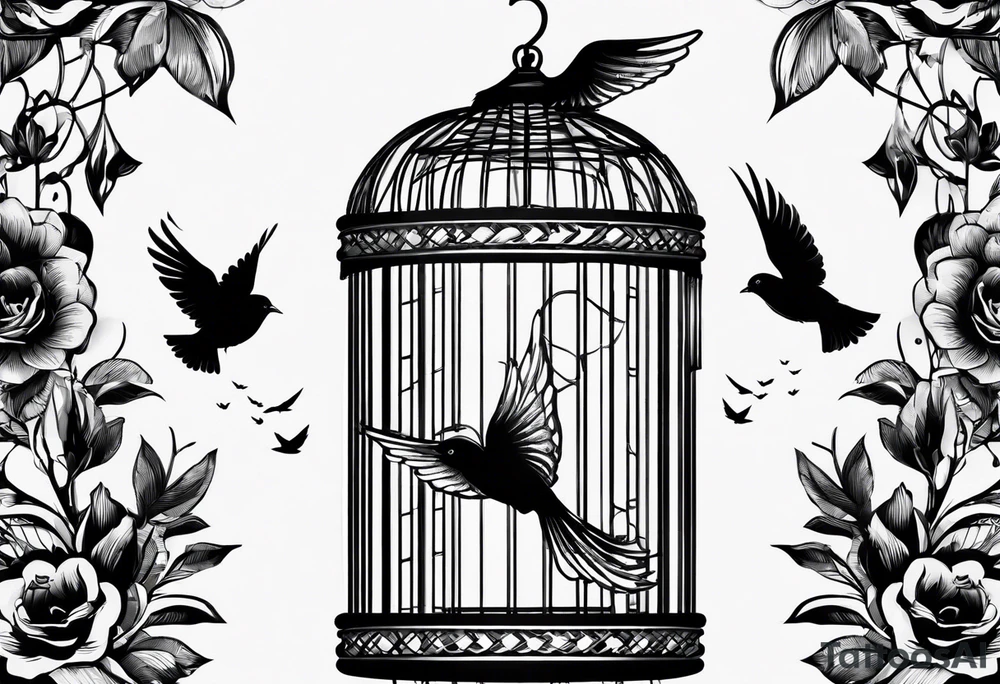 An open bird cage with a beautiful bird flying out of it. Make it look like you are looking into the cage from the front and the bird is flying toward you tattoo idea