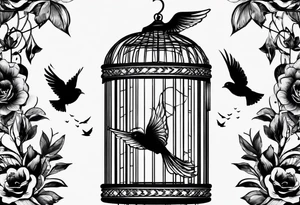 An open bird cage with a beautiful bird flying out of it. Make it look like you are looking into the cage from the front and the bird is flying toward you tattoo idea