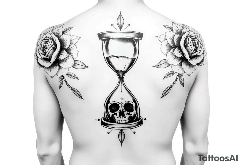 A back tattoo with soft matching florals on each shoulder. In the middle theres an hourglass with a skull on the bottom that the sand is pouring into tattoo idea