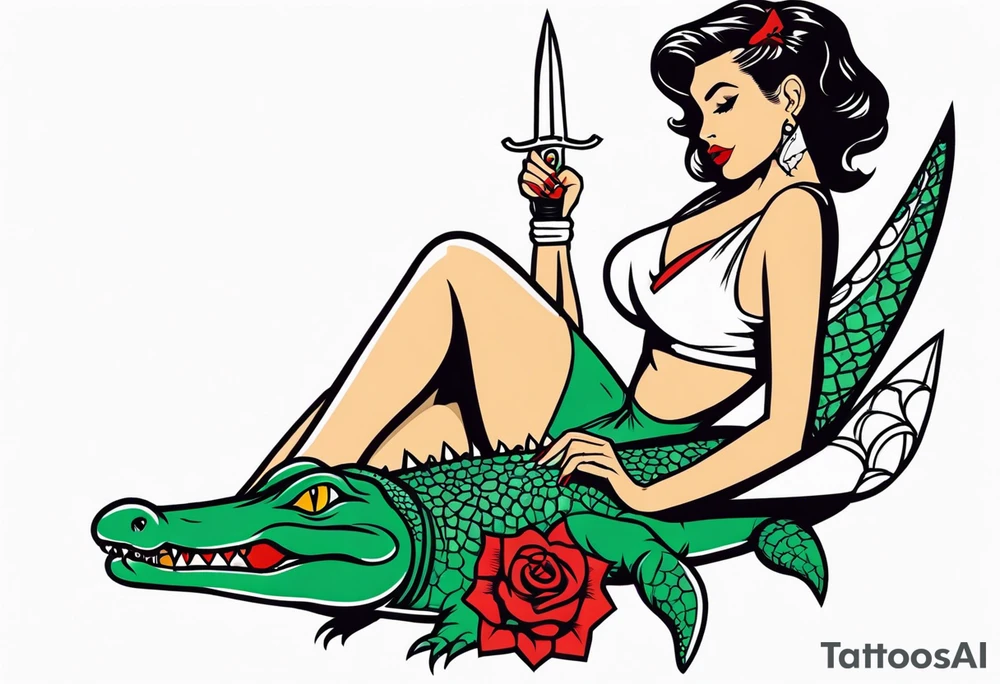 Dagger with an alligator and topless pinup girl tattoo idea