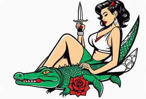 Dagger with an alligator and topless pinup girl tattoo idea