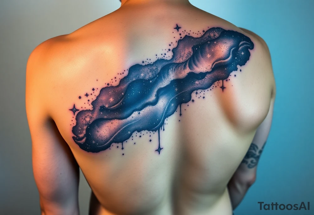 Beautiful and epic 3d milky way that appears to be what is beneath the skin. Make it drape over the shoulder and move to the middle back. use negative spaces to create stars and dust. Keep it symmetrical tattoo idea