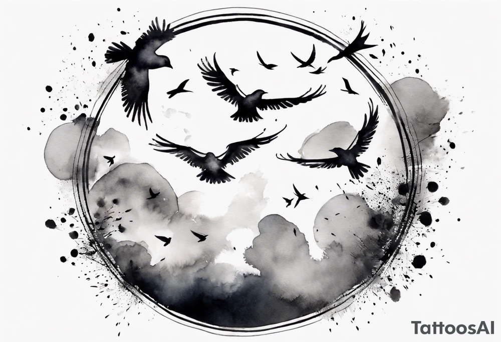 shoulder tattoo with light rays with birds flying free among the clouds, round shape tattoo idea shoulder tattoo with light rays with birds flying free among the clouds, round shape tattoo idea