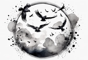 shoulder tattoo with light rays with birds flying free among the clouds, round shape tattoo idea