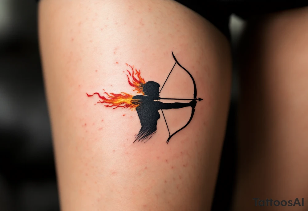 A tattoo of a fiery archer, with flames coming from the tip of the arrow. The flames are shown in vivid red, orange, and yellow, representing the fire element of Sagittarius. The archer’s silhouette is shaded in dark grey, giving it a sleek and modern look, while the flames add vibrant contrast. tattoo idea