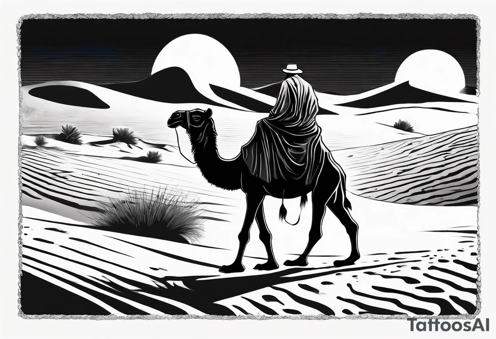 Design a tattoo showcasing a vast desert landscape with low, undulating sand dunes. Feature a man walking alongside his camel, both resilient against the harsh environment, the man covering his face with a long cloth for protection. tattoo idea