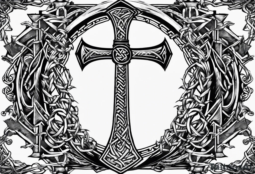 Valhalla sword shield  axe Valknut barbed wire chains tattoo idea
