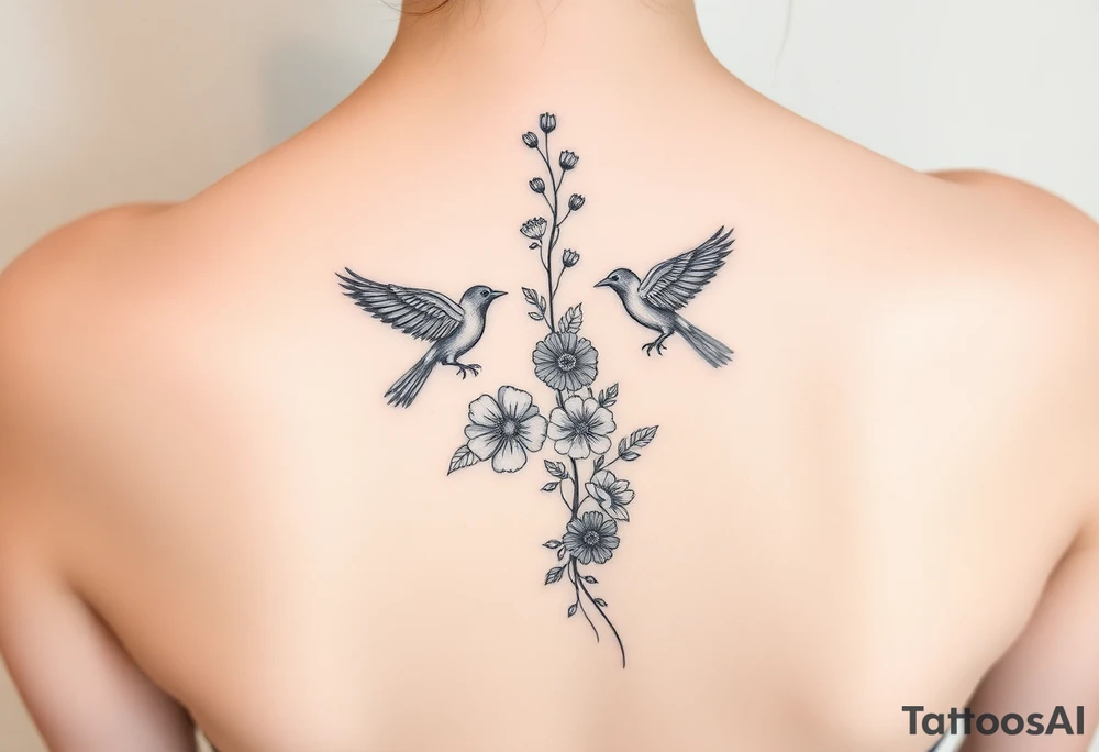 crows with flowers down my spine tattoo idea