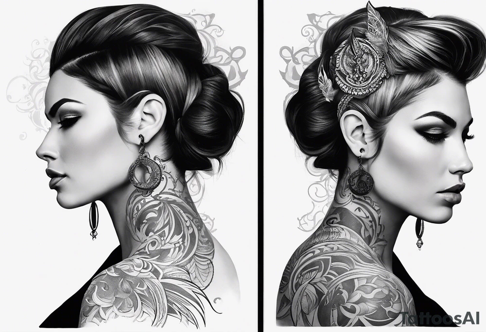 A white woman with dark hair and features. She will be posing sideways portrait style but looking head on. She needs to embody a modern warrior. . And the outside of the tattoo can fade away with smoke. It’s for my outer shoulder so it’s about 20x7cm her hair should be down and loose and she can have 2-3 flowers in her hair. tattoo idea