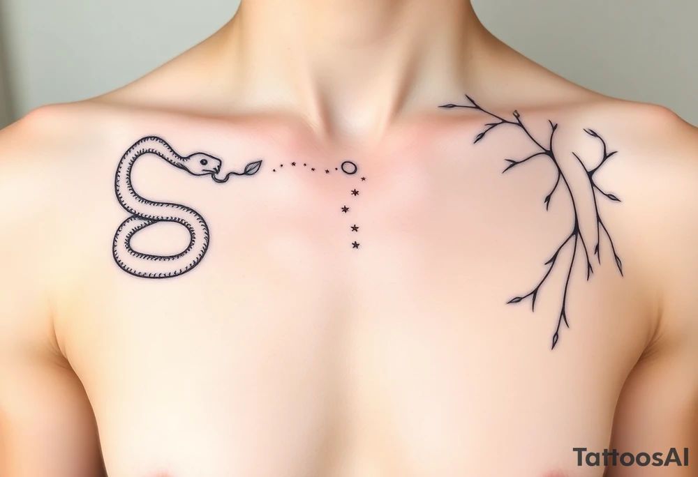 "Design a symbolic, artistic black-ink chest tattoo that spans both collarbones. On the left collarbone, depict a snake gracefully wrapped and coiled around the bone, its head resting near the center of the chest. From the snake’s mouth, instead of venom, delicate leaves are flowing outward — symbolizing letting go, surrender, and release. In the center of the chest, where the sternum lies, include subtle symbolic elements representing trust in the universe — like stars, a tiny spiral, or a soft sunburst — signifying alignment and faith. On the right collarbone, continue the story: flowing lines or abstract shapes that radiate resilience, strength, and hope — suggesting a journey or upward growth, like branches or a phoenix rising. The style should be elegant, fine-line, and minimalistic, yet deeply artistic and symbolic. The design should blend with the natural shape of the collarbones and sternum, evoking quiet power and inner transformation. Light skin tone, soft natural lighting." tattoo idea