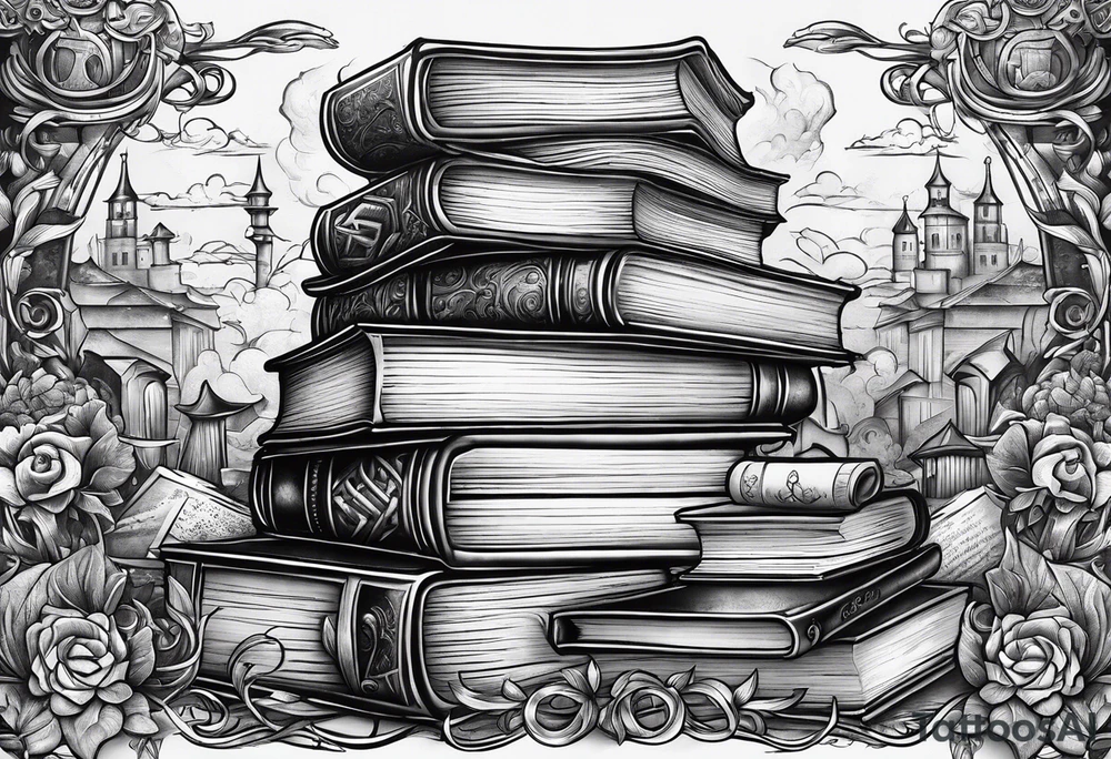 Stack of books surrounded by fantasy literary elements tattoo idea