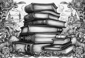 Stack of books surrounded by fantasy literary elements tattoo idea