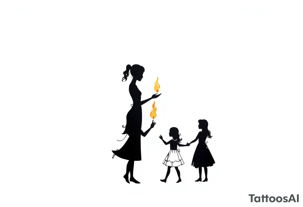 Silhouette of a mother passing a flame to two daughters tattoo idea