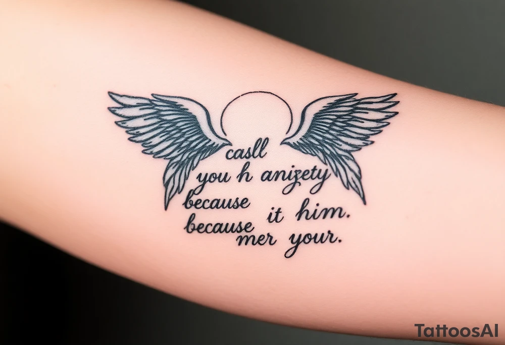 cast all your anxiety on him because he cares for you" with angels tattoo idea